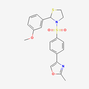 molecular formula C20H20N2O4S2 B2808574 4-(4-((2-(3-Methoxyphenyl)thiazolidin-3-yl)sulfonyl)phenyl)-2-methyloxazole CAS No. 2034472-52-9