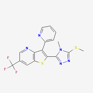 molecular formula C17H12F3N5S2 B2808756 2-[4-methyl-5-(methylsulfanyl)-4H-1,2,4-triazol-3-yl]-3-(2-pyridinyl)-6-(trifluoromethyl)thieno[3,2-b]pyridine CAS No. 672951-26-7
