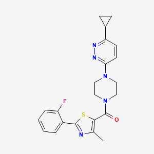 molecular formula C22H22FN5OS B2808813 (4-(6-Cyclopropylpyridazin-3-yl)piperazin-1-yl)(2-(2-fluorophenyl)-4-methylthiazol-5-yl)methanone CAS No. 2034370-51-7