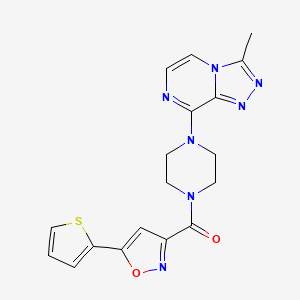 molecular formula C18H17N7O2S B2808822 (4-(3-Methyl-[1,2,4]triazolo[4,3-a]pyrazin-8-yl)piperazin-1-yl)(5-(thiophen-2-yl)isoxazol-3-yl)methanone CAS No. 2034507-24-7