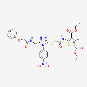 molecular formula C30H30N6O9S2 B2808843 diethyl 3-methyl-5-({[(4-(4-nitrophenyl)-5-{[(phenoxyacetyl)amino]methyl}-4H-1,2,4-triazol-3-yl)thio]acetyl}amino)thiophene-2,4-dicarboxylate CAS No. 393804-81-4