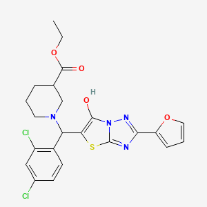 molecular formula C23H22Cl2N4O4S B2809033 乙酸1-((2,4-二氯苯基)(2-(呋喃-2-基)-6-羟基噻唑并[3,2-b][1,2,4]三唑-5-基)甲基)哌啶-3-甲酸乙酯 CAS No. 887222-83-5