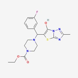 molecular formula C19H22FN5O3S B2809089 乙酸4-((3-氟苯基)(6-羟基-2-甲基噻唑并[3,2-b][1,2,4]三唑-5-基)甲基)哌嗪-1-酸酯 CAS No. 851810-52-1