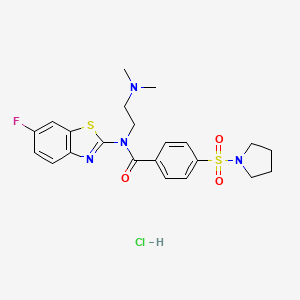 molecular formula C22H26ClFN4O3S2 B2809108 N-(2-(二甲基氨基)乙基)-N-(6-氟苯并[4,3-d]噻唑-2-基)-4-(吡咯啉-1-基磺酰)苯甲酰胺盐酸盐 CAS No. 1216813-74-9