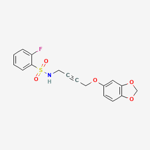molecular formula C17H14FNO5S B2809153 N-(4-(benzo[d][1,3]dioxol-5-yloxy)but-2-yn-1-yl)-2-fluorobenzenesulfonamide CAS No. 1448053-93-7
