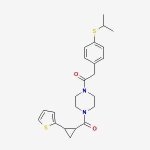 molecular formula C23H28N2O2S2 B2809155 2-(4-(Isopropylthio)phenyl)-1-(4-(2-(thiophen-2-yl)cyclopropanecarbonyl)piperazin-1-yl)ethanone CAS No. 1209062-59-8