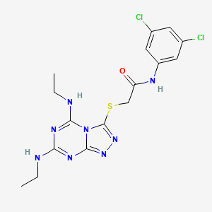molecular formula C16H18Cl2N8OS B2809225 2-((5,7-bis(ethylamino)-[1,2,4]triazolo[4,3-a][1,3,5]triazin-3-yl)thio)-N-(3,5-dichlorophenyl)acetamide CAS No. 898449-27-9