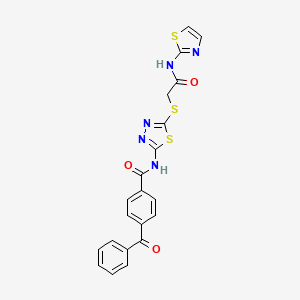 molecular formula C21H15N5O3S3 B2809244 4-苯甲酰-N-(5-((2-氧代-2-(噻唑-2-基氨基)乙基)硫)-1,3,4-噻二唑-2-基)苯甲酰胺 CAS No. 392299-88-6