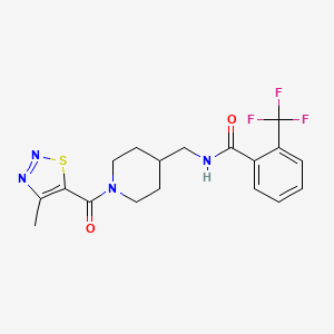 molecular formula C18H19F3N4O2S B2809257 N-((1-(4-methyl-1,2,3-thiadiazole-5-carbonyl)piperidin-4-yl)methyl)-2-(trifluoromethyl)benzamide CAS No. 1234950-60-7