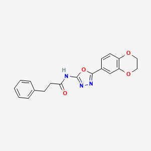 molecular formula C19H17N3O4 B2809361 N-(5-(2,3-dihydrobenzo[b][1,4]dioxin-6-yl)-1,3,4-oxadiazol-2-yl)-3-phenylpropanamide CAS No. 887873-36-1