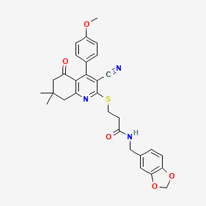 molecular formula C30H29N3O5S B2809362 N-(1,3-benzodioxol-5-ylmethyl)-3-[[3-cyano-4-(4-methoxyphenyl)-7,7-dimethyl-5-oxo-6,8-dihydroquinolin-2-yl]sulfanyl]propanamide CAS No. 690962-03-9