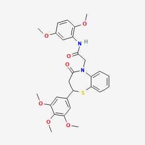 molecular formula C28H30N2O7S B2809521 N-(2,5-dimethoxyphenyl)-2-(4-oxo-2-(3,4,5-trimethoxyphenyl)-3,4-dihydrobenzo[b][1,4]thiazepin-5(2H)-yl)acetamide CAS No. 847410-54-2