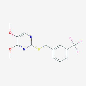 molecular formula C14H13F3N2O2S B2809522 4,5-Dimethoxy-2-{[3-(trifluoromethyl)benzyl]sulfanyl}pyrimidine CAS No. 339275-94-4