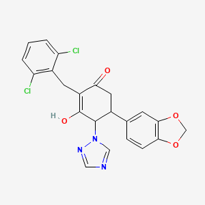molecular formula C22H17Cl2N3O4 B2809616 5-(1,3-benzodioxol-5-yl)-2-(2,6-dichlorobenzyl)-3-hydroxy-4-(1H-1,2,4-triazol-1-yl)-2-cyclohexen-1-one CAS No. 439112-25-1