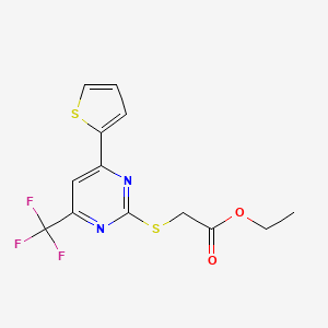 molecular formula C13H11F3N2O2S2 B2809674 Ethyl {[4-(2-thienyl)-6-(trifluoromethyl)-pyrimidin-2-yl]thio}acetate CAS No. 505054-22-8
