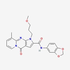 molecular formula C23H22N4O5 B2809679 N-(1,3-Benzodioxol-5-yl)-6-(3-methoxypropyl)-10-methyl-2-oxo-1,6,8-triazatricyclo[7.4.0.03,7]trideca-3(7),4,8,10,12-pentaene-5-carboxamide CAS No. 900874-68-2