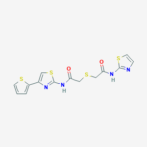 molecular formula C14H12N4O2S4 B2809730 2-((2-oxo-2-((4-(thiophen-2-yl)thiazol-2-yl)amino)ethyl)thio)-N-(thiazol-2-yl)acetamide CAS No. 681224-78-2