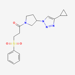 molecular formula C18H22N4O3S B2809732 1-(3-(4-cyclopropyl-1H-1,2,3-triazol-1-yl)pyrrolidin-1-yl)-3-(phenylsulfonyl)propan-1-one CAS No. 2034222-88-1