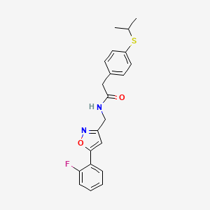 molecular formula C21H21FN2O2S B2809742 N-((5-(2-fluorophenyl)isoxazol-3-yl)methyl)-2-(4-(isopropylthio)phenyl)acetamide CAS No. 1208461-61-3