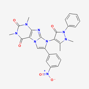 molecular formula C26H22N8O5 B2809803 8-(1,5-dimethyl-3-oxo-2-phenyl-2,3-dihydro-1H-pyrazol-4-yl)-1,3-dimethyl-7-(3-nitrophenyl)-1H-imidazo[2,1-f]purine-2,4(3H,8H)-dione CAS No. 397275-54-6