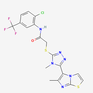 molecular formula C18H14ClF3N6OS2 B2809834 N-(2-氯-5-(三氟甲基)苯基)-2-((4-甲基-5-(6-甲基咪唑[2,1-b]噻唑-5-基)-4H-1,2,4-三唑-3-基)硫)乙酰胺 CAS No. 1105251-78-2
