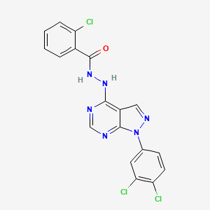 molecular formula C18H11Cl3N6O B2809866 2-chloro-N'-(1-(3,4-dichlorophenyl)-1H-pyrazolo[3,4-d]pyrimidin-4-yl)benzohydrazide CAS No. 881073-43-4