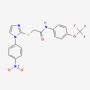 molecular formula C18H13F3N4O4S B2809885 2-((1-(4-硝基苯基)-1H-咪唑-2-基)硫)-N-(4-(三氟甲氧基)苯基)乙酰胺 CAS No. 851079-56-6