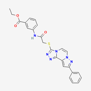 molecular formula C24H20N6O3S B2809925 Ethyl 3-(2-((9-phenylpyrazolo[1,5-a][1,2,4]triazolo[3,4-c]pyrazin-3-yl)thio)acetamido)benzoate CAS No. 1207045-13-3