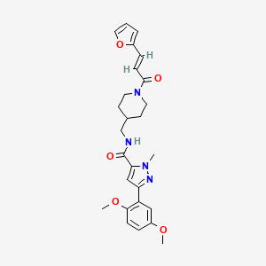 molecular formula C26H30N4O5 B2810091 (E)-3-(2,5-dimethoxyphenyl)-N-((1-(3-(furan-2-yl)acryloyl)piperidin-4-yl)methyl)-1-methyl-1H-pyrazole-5-carboxamide CAS No. 1396892-17-3