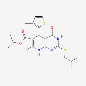 molecular formula C21H27N3O3S2 B2810123 Isopropyl 2-(isobutylthio)-7-methyl-5-(3-methylthiophen-2-yl)-4-oxo-3,4,5,8-tetrahydropyrido[2,3-d]pyrimidine-6-carboxylate CAS No. 878624-97-6