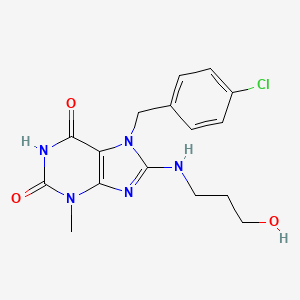 molecular formula C16H18ClN5O3 B2810125 7-[(4-Chlorophenyl)methyl]-8-(3-hydroxypropylamino)-3-methylpurine-2,6-dione CAS No. 476294-60-7