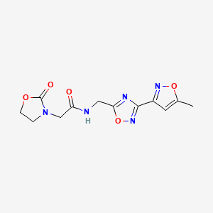 molecular formula C12H13N5O5 B2810136 N-((3-(5-methylisoxazol-3-yl)-1,2,4-oxadiazol-5-yl)methyl)-2-(2-oxooxazolidin-3-yl)acetamide CAS No. 2034505-93-4