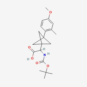 molecular formula C20H27NO5 B2810146 2-[3-(4-Methoxy-2-methylphenyl)-1-bicyclo[1.1.1]pentanyl]-2-[(2-methylpropan-2-yl)oxycarbonylamino]acetic acid CAS No. 2287268-48-6