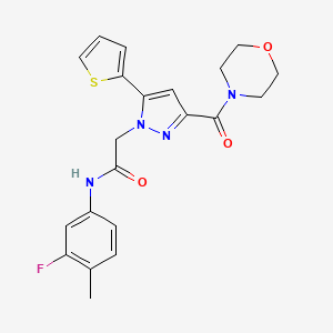 molecular formula C21H21FN4O3S B2810171 N-(3-fluoro-4-methylphenyl)-2-(3-(morpholine-4-carbonyl)-5-(thiophen-2-yl)-1H-pyrazol-1-yl)acetamide CAS No. 1172864-94-6