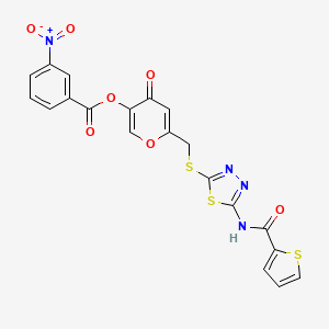molecular formula C20H12N4O7S3 B2810296 4-oxo-6-(((5-(thiophene-2-carboxamido)-1,3,4-thiadiazol-2-yl)thio)methyl)-4H-pyran-3-yl 3-nitrobenzoate CAS No. 877643-31-7