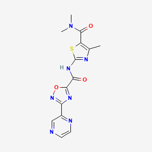 molecular formula C14H13N7O3S B2810313 N-(5-(dimethylcarbamoyl)-4-methylthiazol-2-yl)-3-(pyrazin-2-yl)-1,2,4-oxadiazole-5-carboxamide CAS No. 1226440-71-6