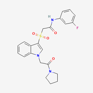 molecular formula C22H22FN3O4S B2810315 N-(3-fluorophenyl)-2-((1-(2-oxo-2-(pyrrolidin-1-yl)ethyl)-1H-indol-3-yl)sulfonyl)acetamide CAS No. 878056-25-8