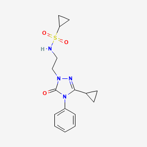 molecular formula C16H20N4O3S B2810319 N-(2-(3-cyclopropyl-5-oxo-4-phenyl-4,5-dihydro-1H-1,2,4-triazol-1-yl)ethyl)cyclopropanesulfonamide CAS No. 1396767-20-6
