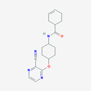 molecular formula C18H22N4O2 B2810329 N-((1r,4r)-4-((3-cyanopyrazin-2-yl)oxy)cyclohexyl)cyclohex-3-enecarboxamide CAS No. 2034194-48-2
