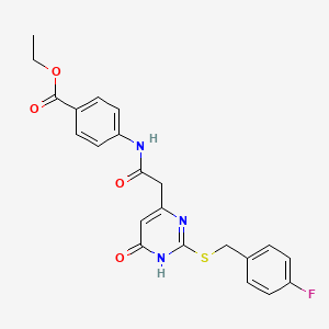 molecular formula C22H20FN3O4S B2810352 Ethyl 4-(2-(2-((4-fluorobenzyl)thio)-6-oxo-1,6-dihydropyrimidin-4-yl)acetamido)benzoate CAS No. 1105210-38-5