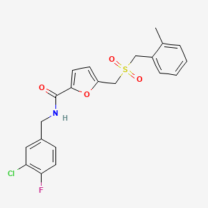 molecular formula C21H19ClFNO4S B2810374 N-(3-chloro-4-fluorobenzyl)-5-(((2-methylbenzyl)sulfonyl)methyl)furan-2-carboxamide CAS No. 1428349-48-7