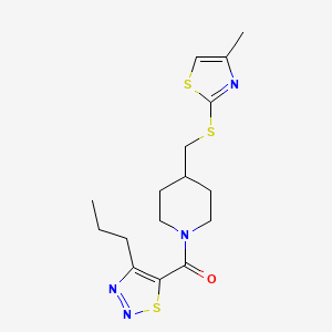 molecular formula C16H22N4OS3 B2810380 (4-(((4-Methylthiazol-2-yl)thio)methyl)piperidin-1-yl)(4-propyl-1,2,3-thiadiazol-5-yl)methanone CAS No. 1421491-18-0