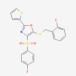 molecular formula C20H13F2NO3S3 B2810442 5-((2-Fluorobenzyl)thio)-4-((4-fluorophenyl)sulfonyl)-2-(thiophen-2-yl)oxazole CAS No. 850927-96-7