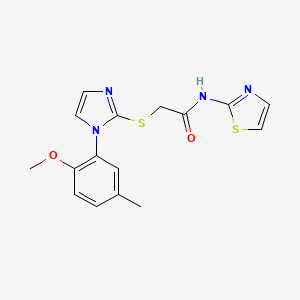 molecular formula C16H16N4O2S2 B2810455 2-((1-(2-methoxy-5-methylphenyl)-1H-imidazol-2-yl)thio)-N-(thiazol-2-yl)acetamide CAS No. 869345-47-1