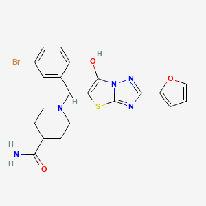 molecular formula C21H20BrN5O3S B2810471 1-((3-Bromophenyl)(2-(furan-2-yl)-6-hydroxythiazolo[3,2-b][1,2,4]triazol-5-yl)methyl)piperidine-4-carboxamide CAS No. 887220-93-1