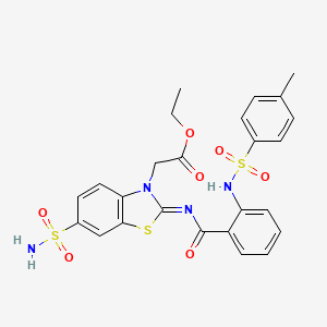 Ethyl 2-[2-[2-[(4-methylphenyl)sulfonylamino]benzoyl]imino-6-sulfamoyl-1,3-benzothiazol-3-yl]acetate