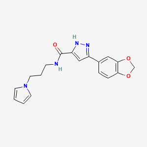 molecular formula C18H18N4O3 B2810507 N-(3-(1H-pyrrol-1-yl)propyl)-3-(benzo[d][1,3]dioxol-5-yl)-1H-pyrazole-5-carboxamide CAS No. 1298062-25-5