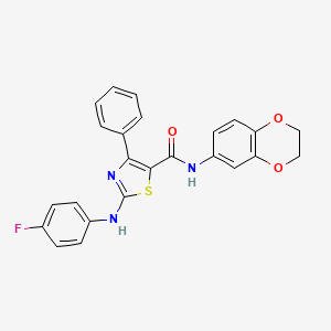 molecular formula C24H18FN3O3S B2810549 N-(2,3-dihydrobenzo[b][1,4]dioxin-6-yl)-2-((4-fluorophenyl)amino)-4-phenylthiazole-5-carboxamide CAS No. 496025-06-0