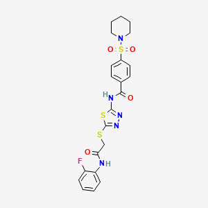molecular formula C22H22FN5O4S3 B2810562 N-[5-[2-(2-fluoroanilino)-2-oxoethyl]sulfanyl-1,3,4-thiadiazol-2-yl]-4-piperidin-1-ylsulfonylbenzamide CAS No. 392298-78-1