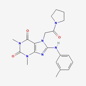molecular formula C20H24N6O3 B2810573 1,3-Dimethyl-8-(3-methylanilino)-7-(2-oxo-2-pyrrolidin-1-ylethyl)purine-2,6-dione CAS No. 878452-15-4